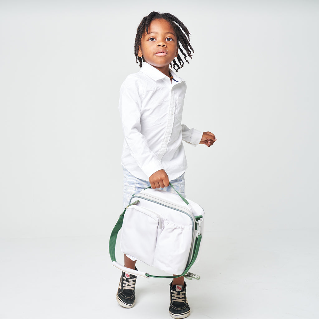 cream lunch bag with green accents