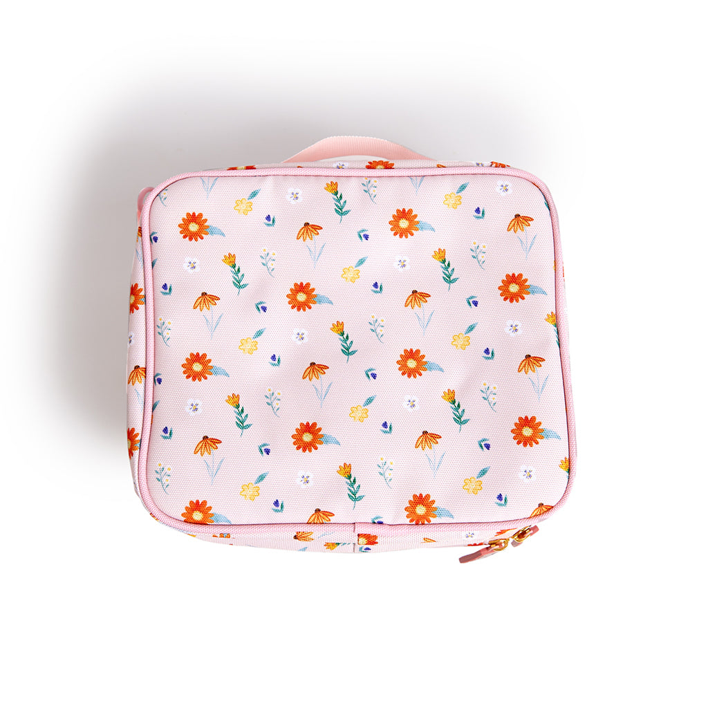 pink lunch bag with wildflower print