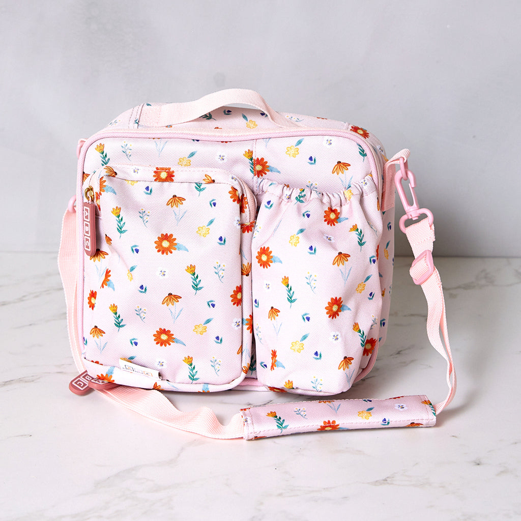 pink lunch bag with wildflower print