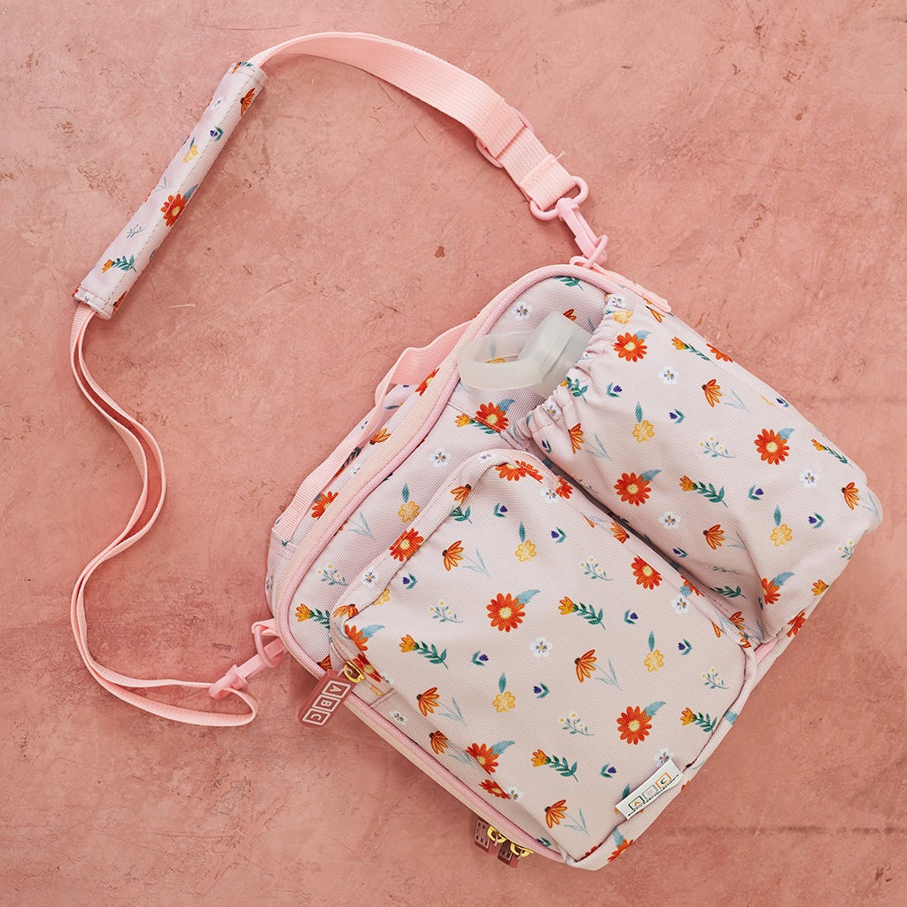 pink lunch bag with wildflower print