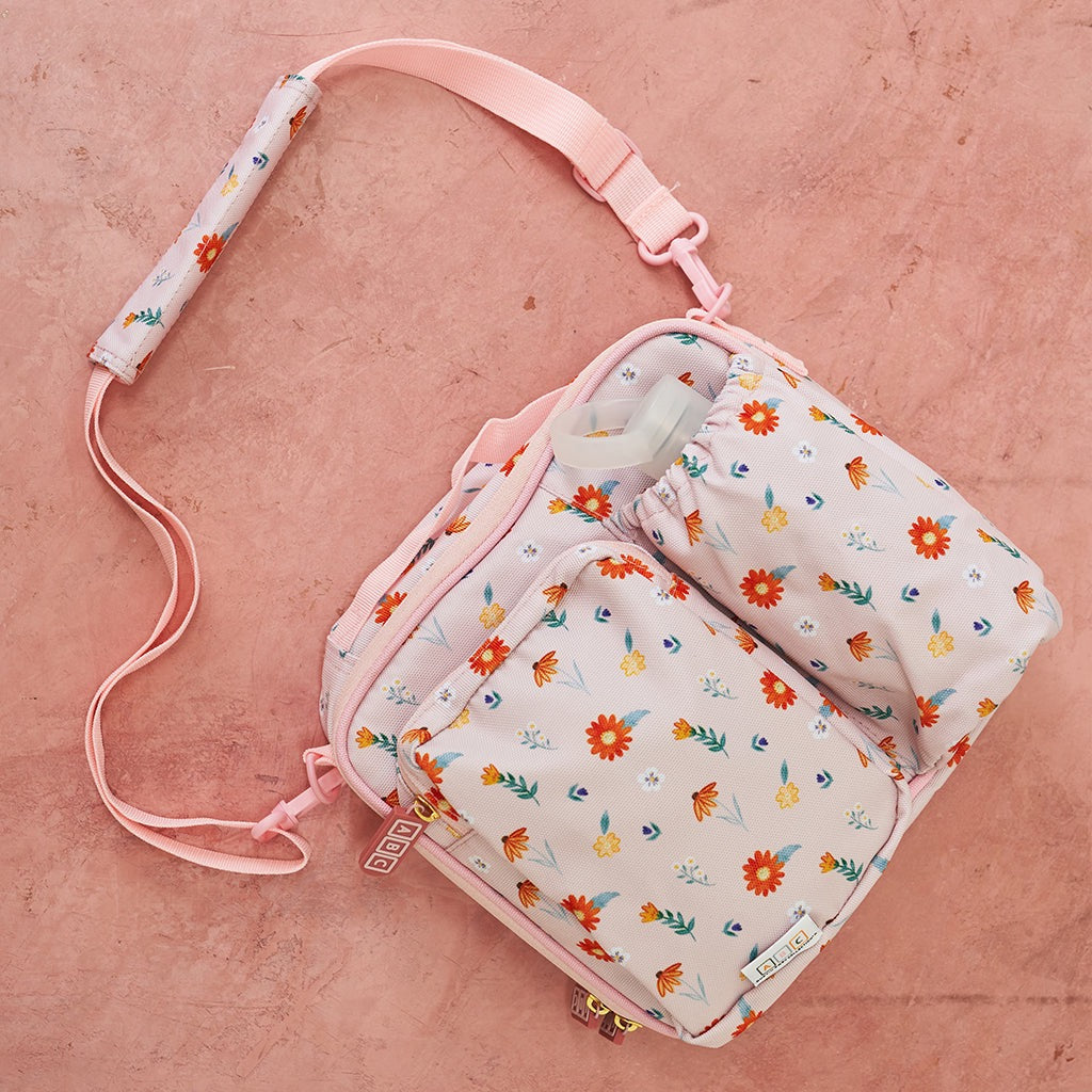 pink lunch bag with wildflower print
