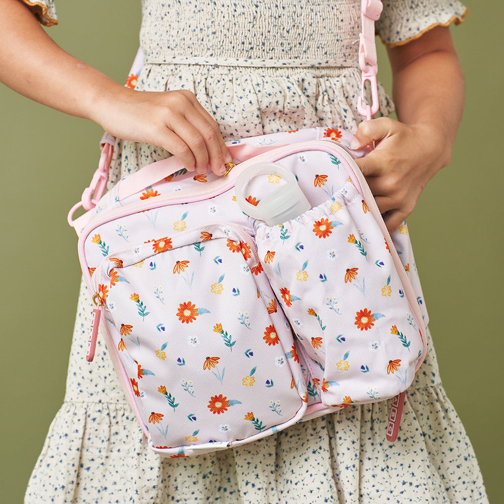 pink lunch bag with wildflower print