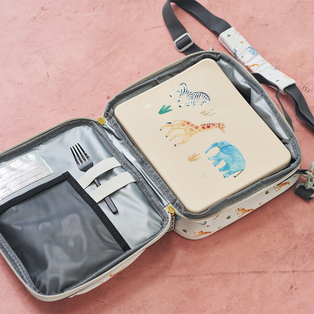 cream bento box in cream lunch bag kids animal