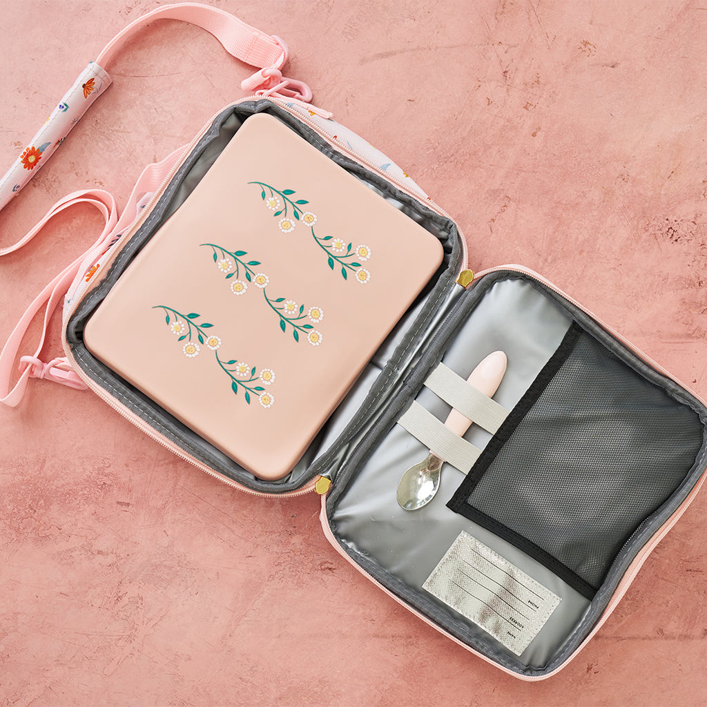 pink bento box in pink lunch bag kids floral