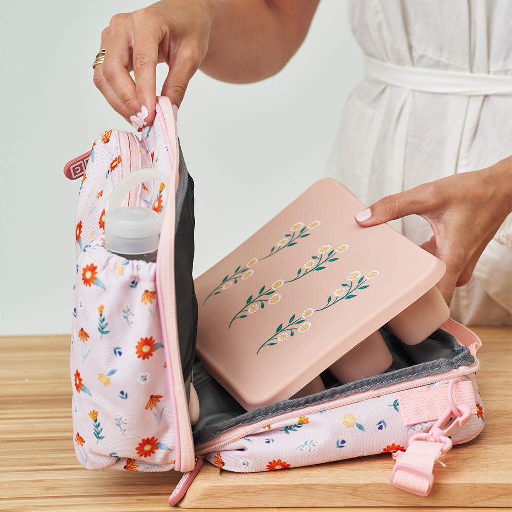 pink bento box in pink lunch bag kids floral