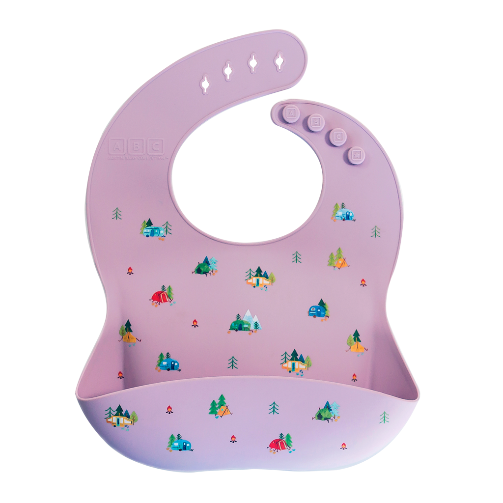 violet silicone feeding bib with front pocket in camping print