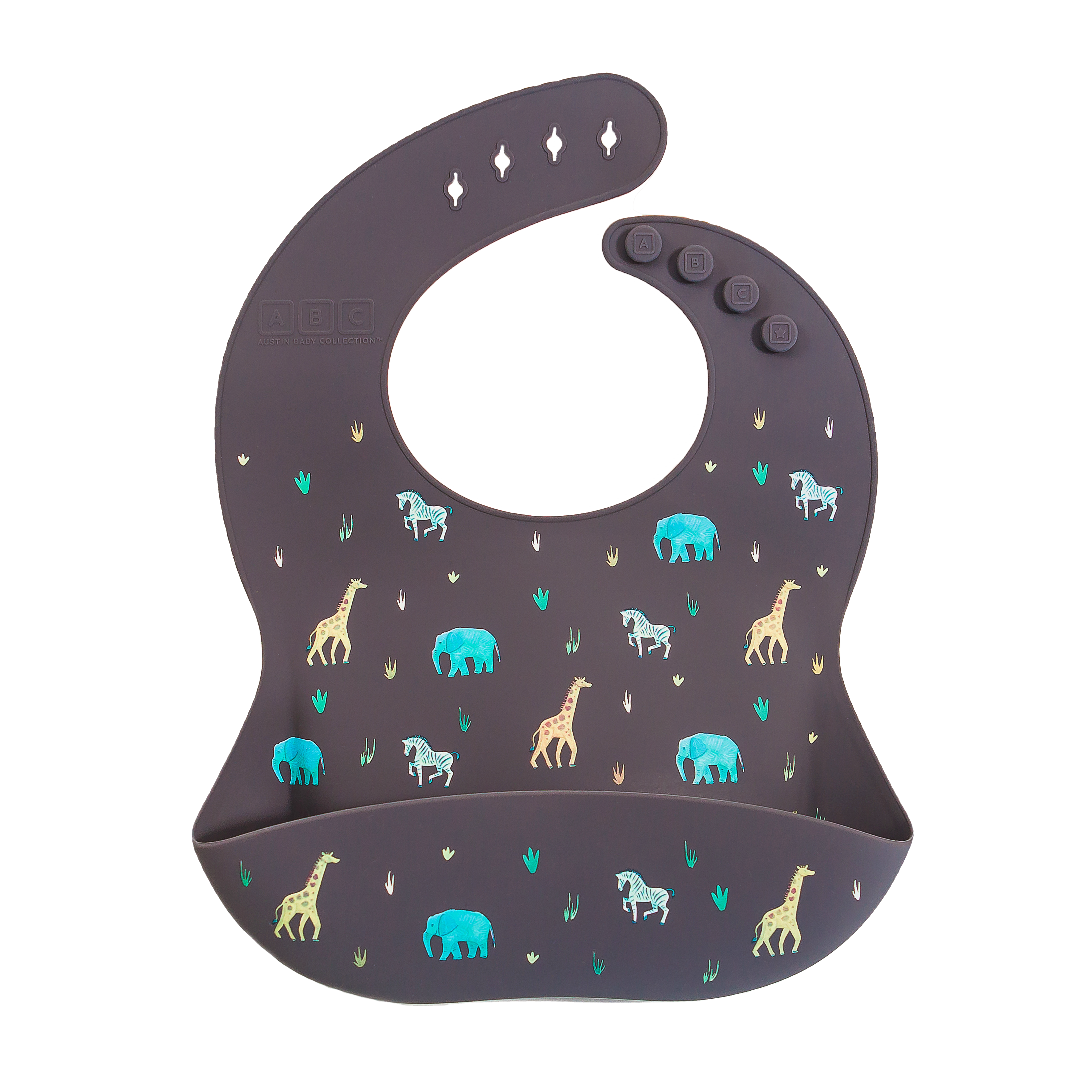 faded black silicone feeding bib with front pocket in safari animal print