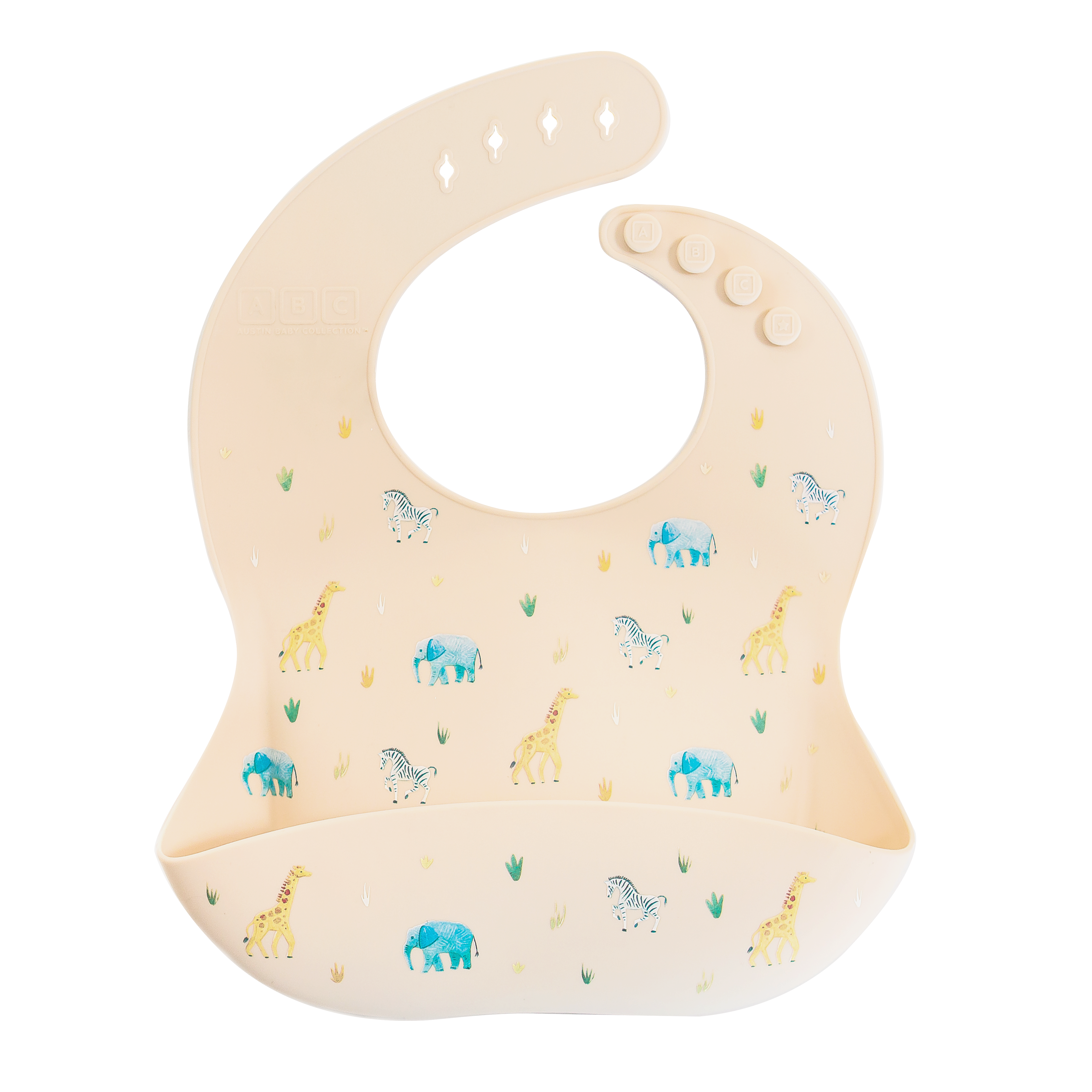 cream silicone feeding bib with front pocket in safari animal print