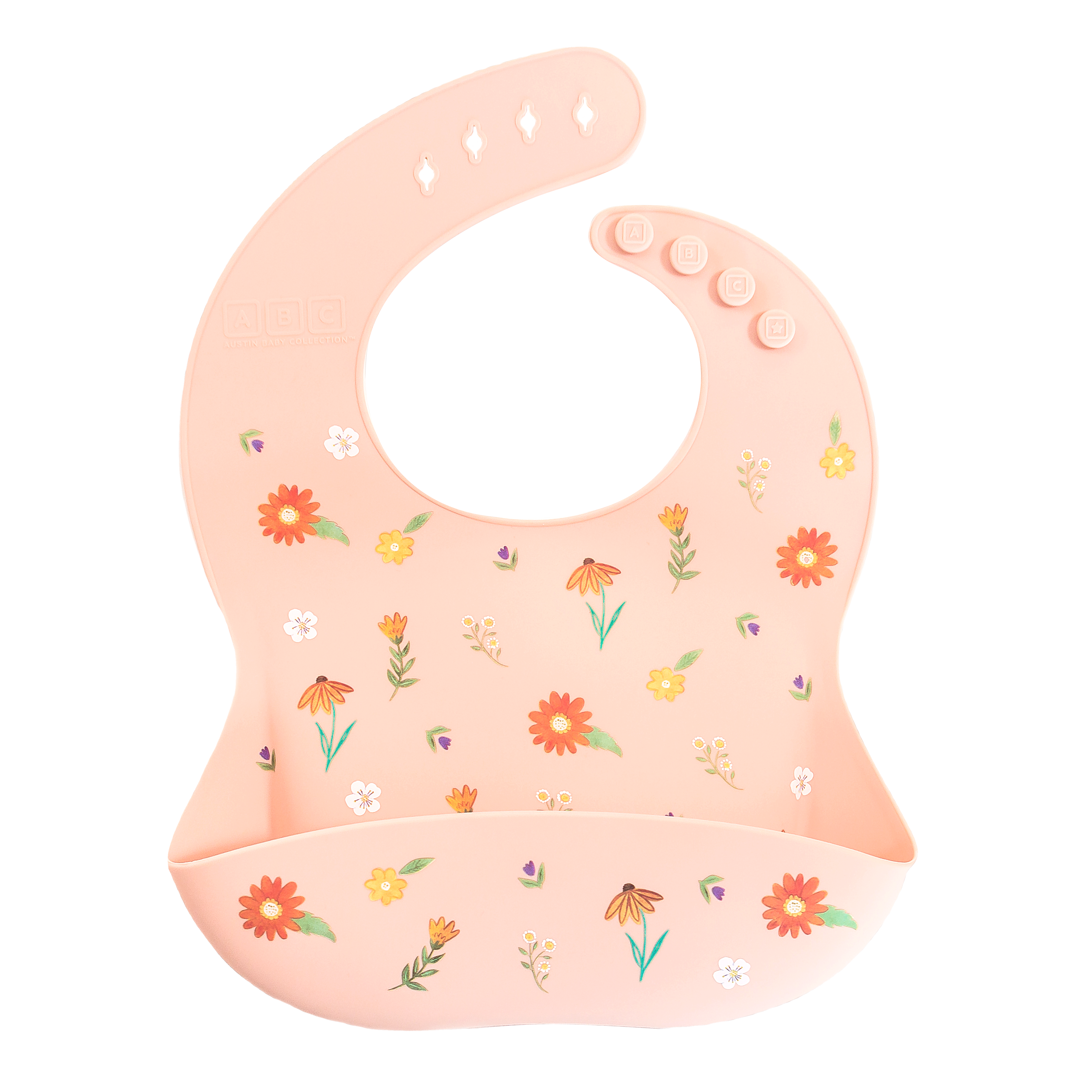 pink silicone feeding bib with front pocket in wildflower print