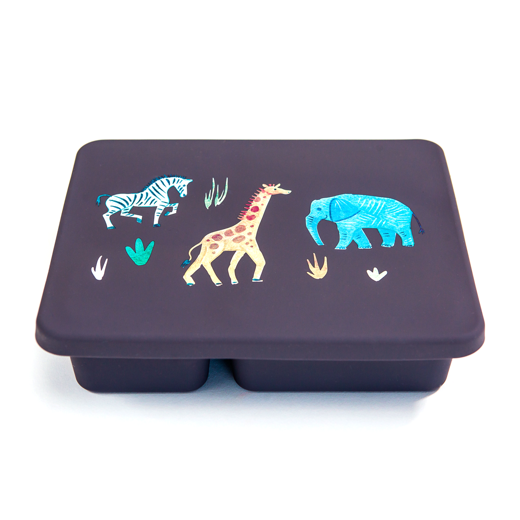 faded black bento lunch box with safari animal print