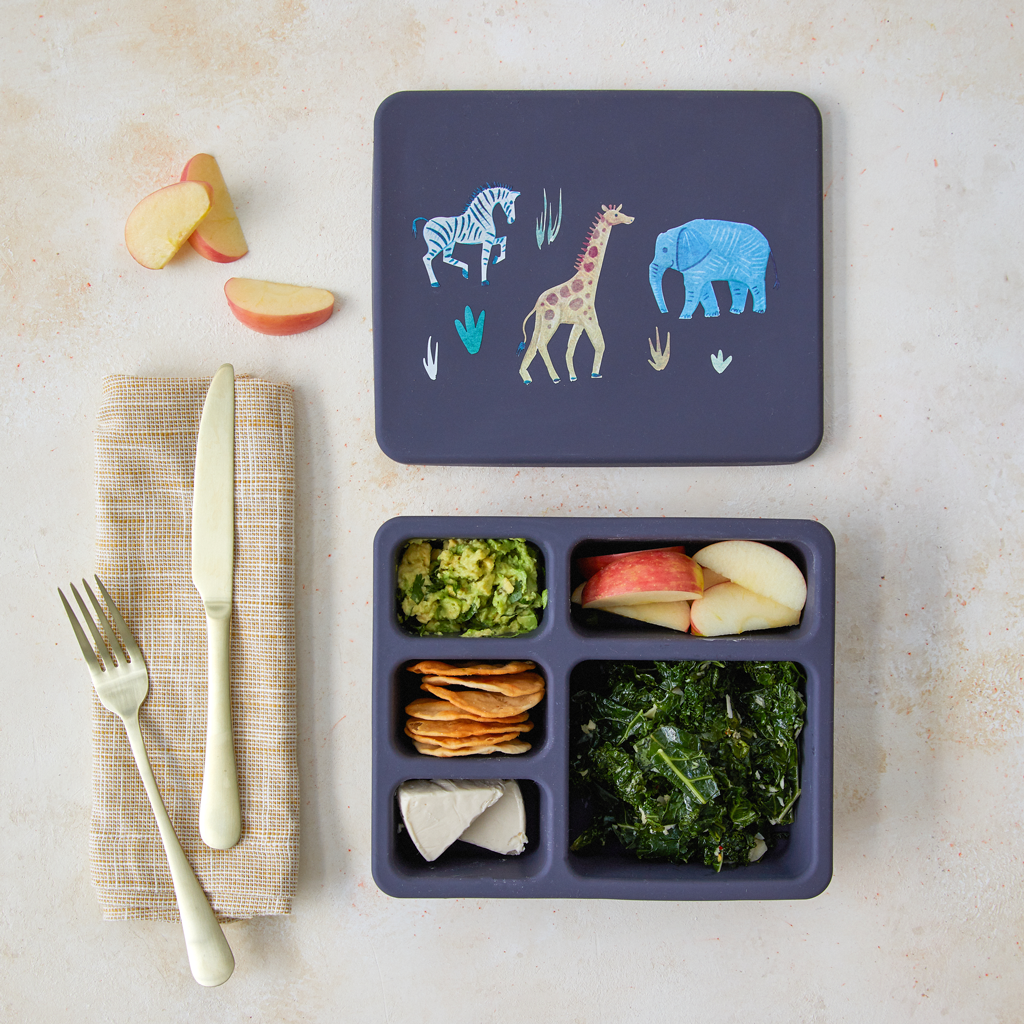 faded black bento lunch box with safari animal print