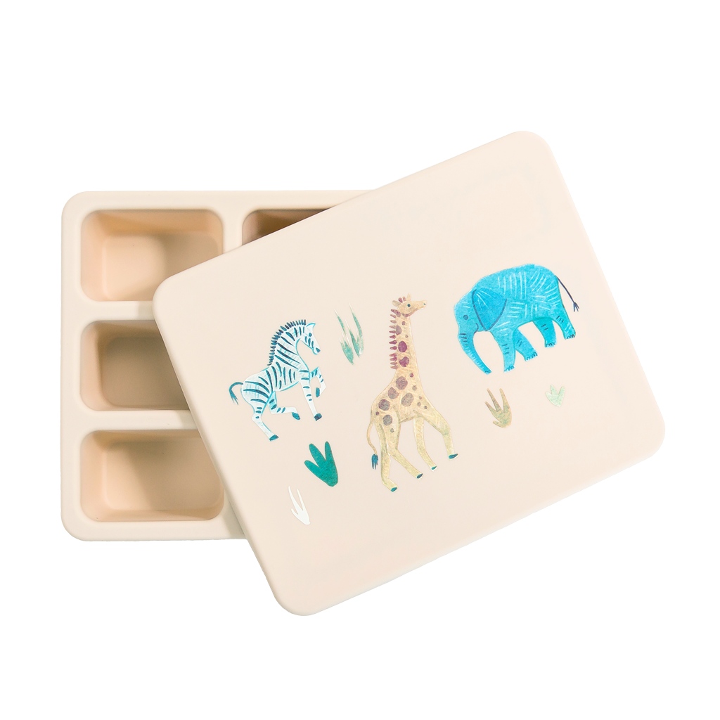 cream bento lunch box with safari animal print