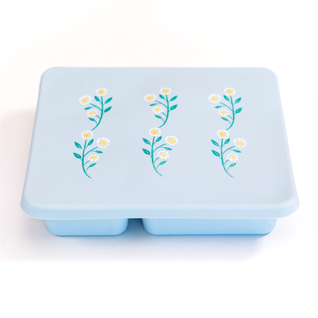 light blue bento lunch box with wildflower print