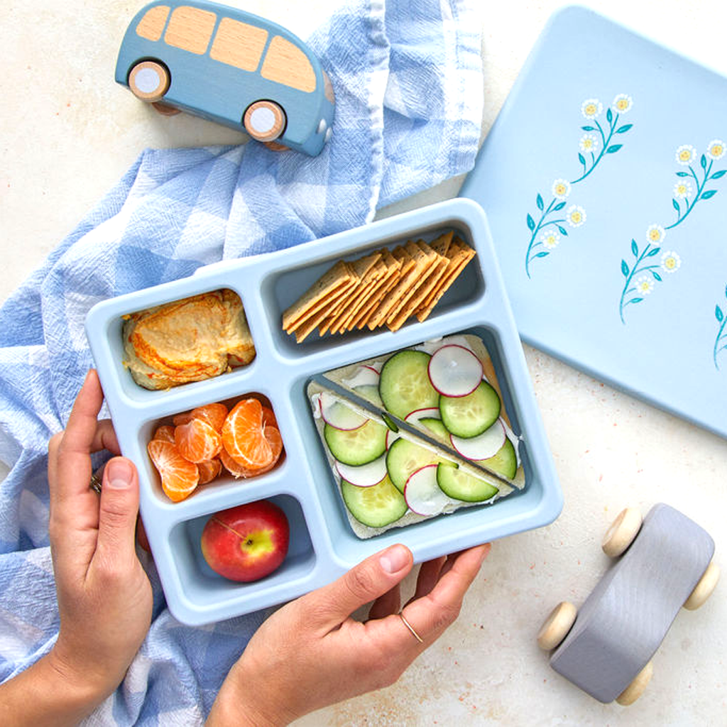 light blue bento lunch box with wildflower print