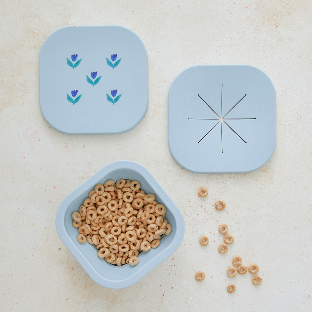 light blue snack bowl with two lids in wildflower print