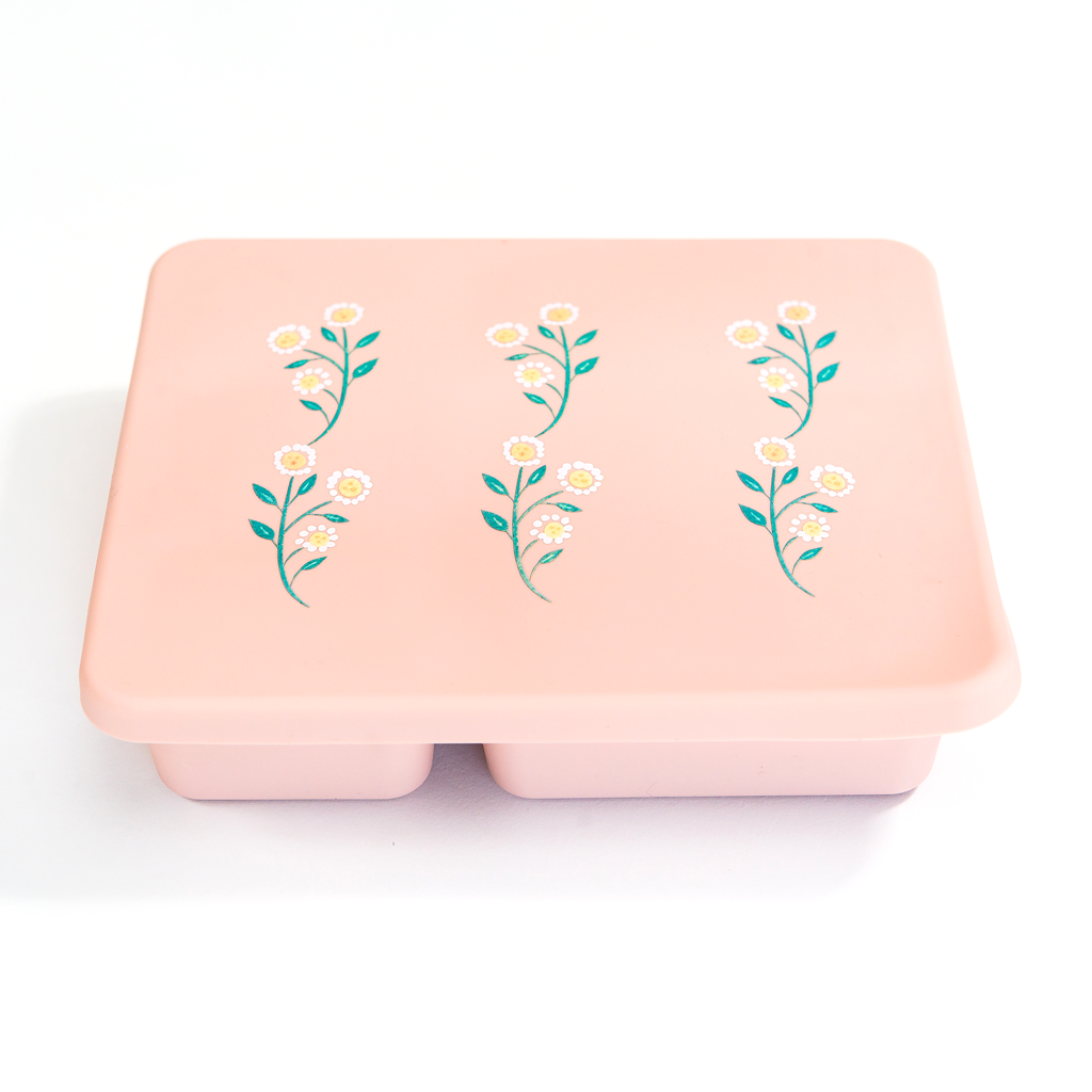 pink bento lunch box with wildflower print