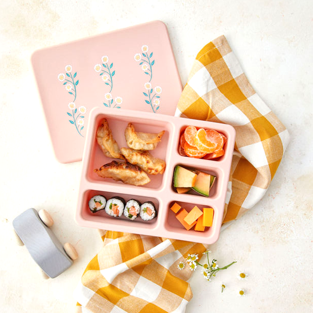 pink bento lunch box with wildflower print
