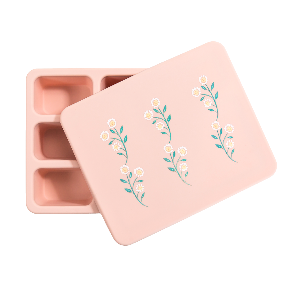 pink bento lunch box with wildflower print
