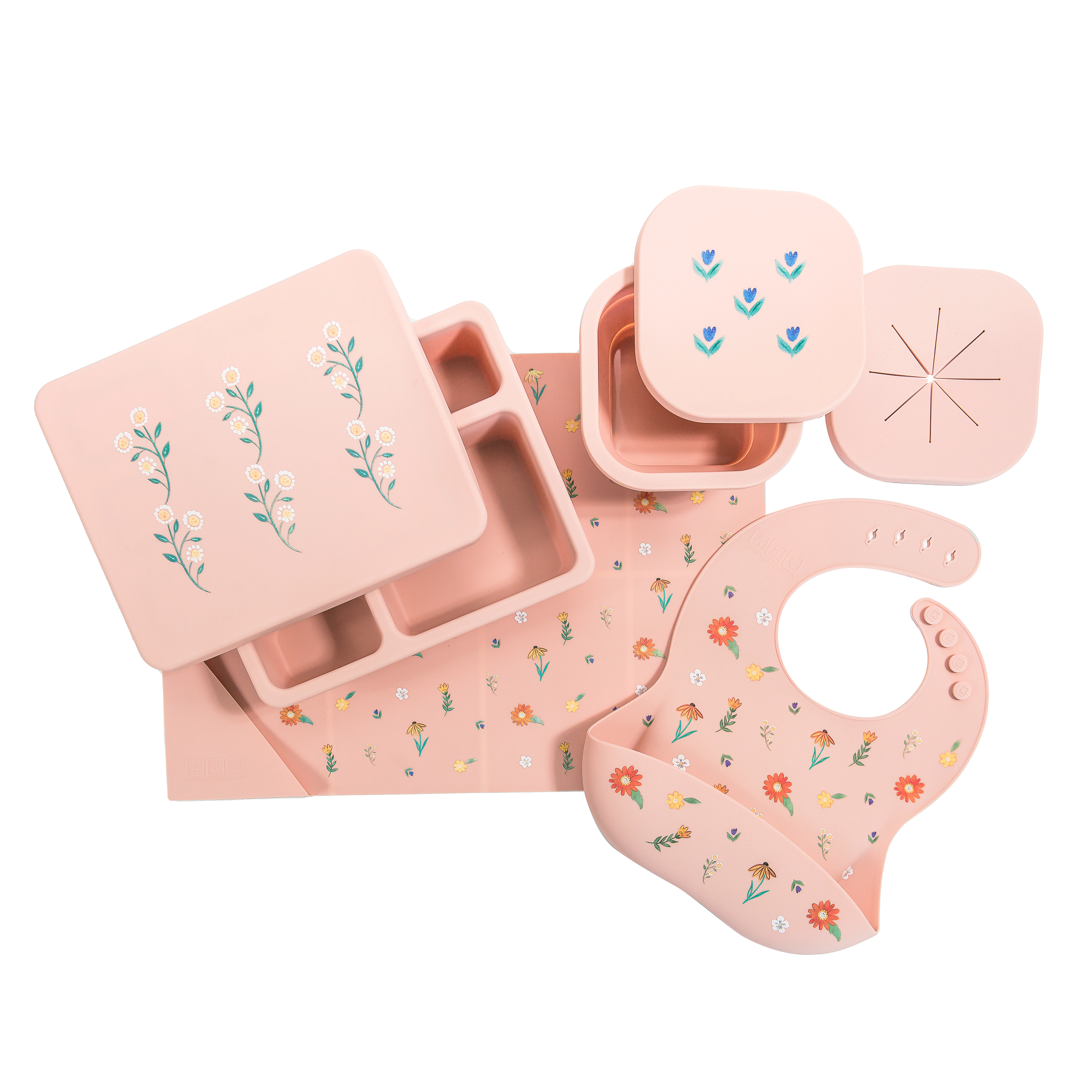 pink wildflower silicone gift set with lunch bento box, snack bowl, placemat, and feeding bib