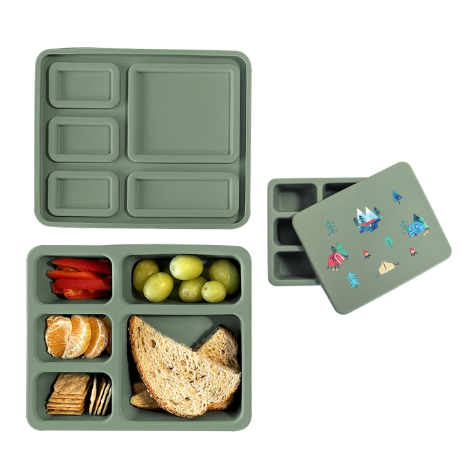 green bento lunch box with camping print
