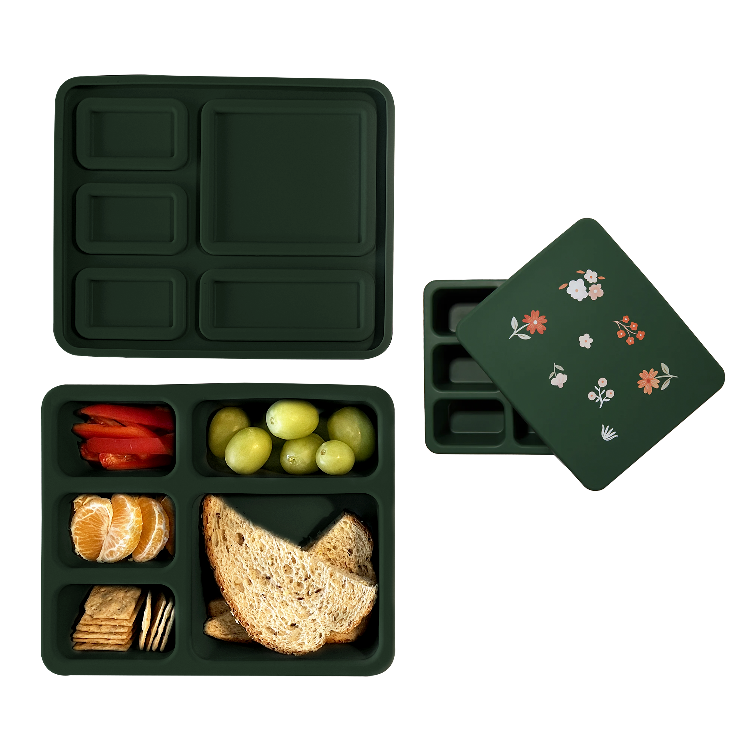 dark green bento lunch box with floral print