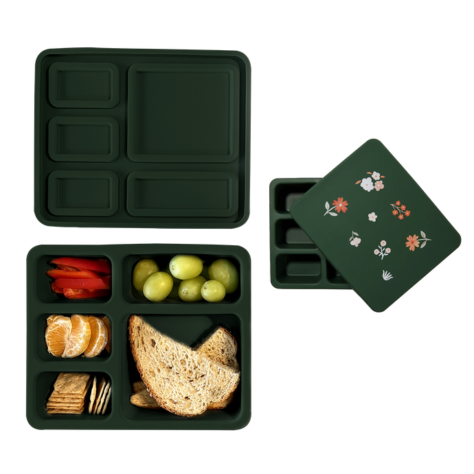 dark green bento lunch box with floral print
