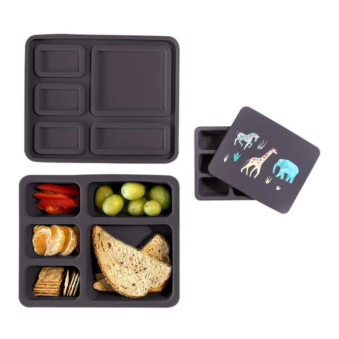 faded black bento lunch box with safari animal print