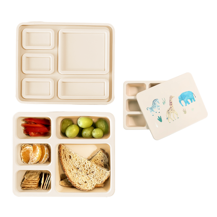 cream bento lunch box with safari animal print
