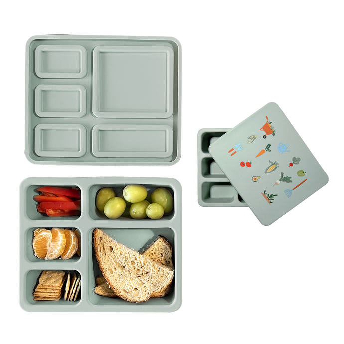 robin's egg blue bento lunch box with vegetable garden print