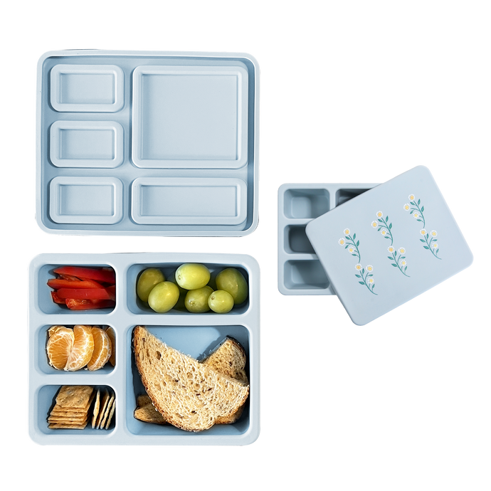 light blue bento lunch box with wildflower print