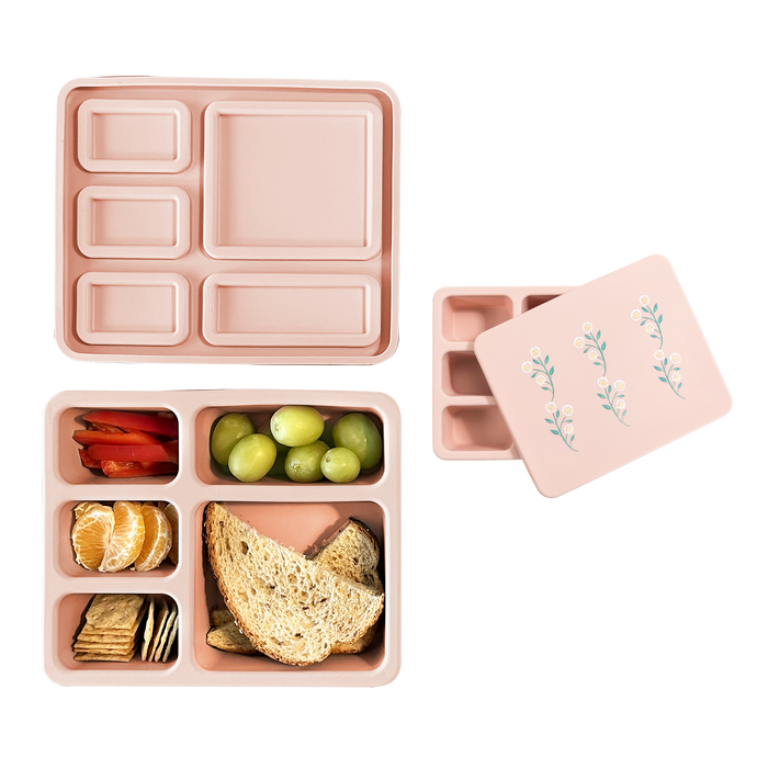 pink bento lunch box with wildflower print