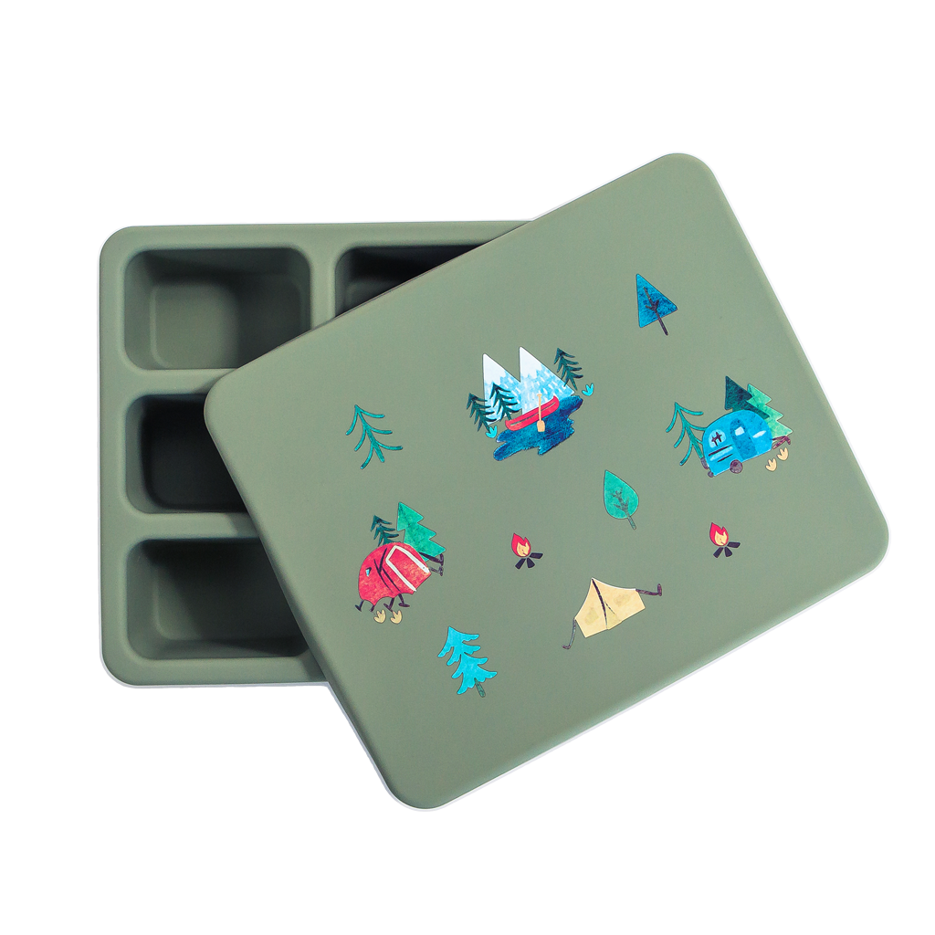 green silicone bento lunch box in camping print