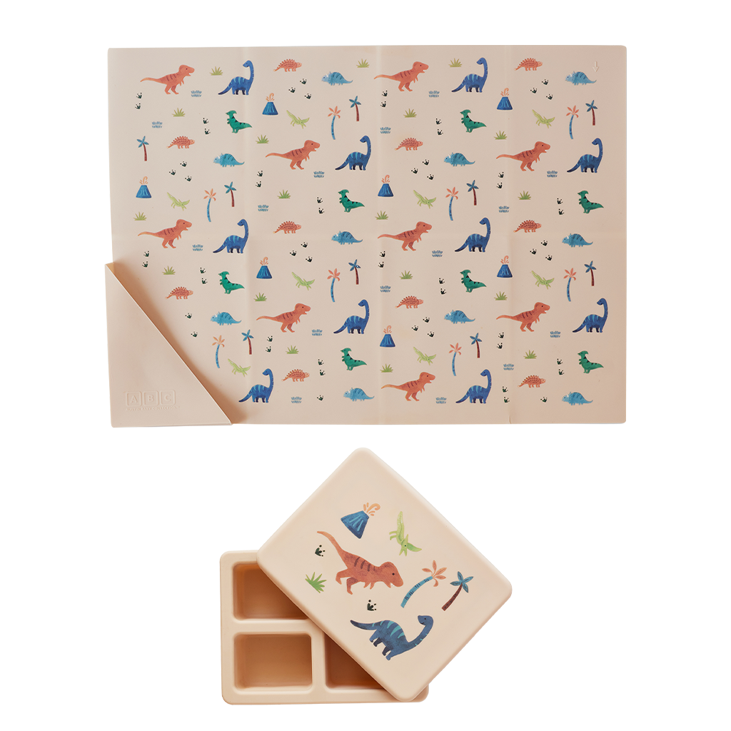 Silicone Mini Bento Box and Foldable Placemat Set Dinosaur Warm Cream