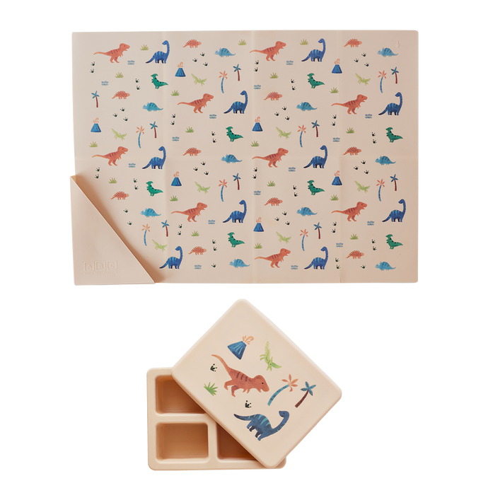 Silicone Mini Bento Box and Foldable Placemat Set Dinosaur Warm Cream