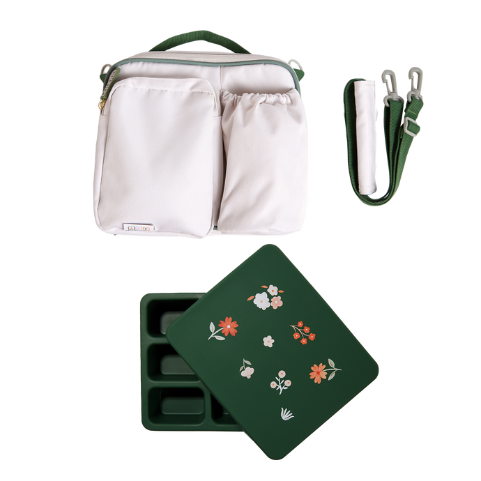 white lunch bag and green bento box kids and adults