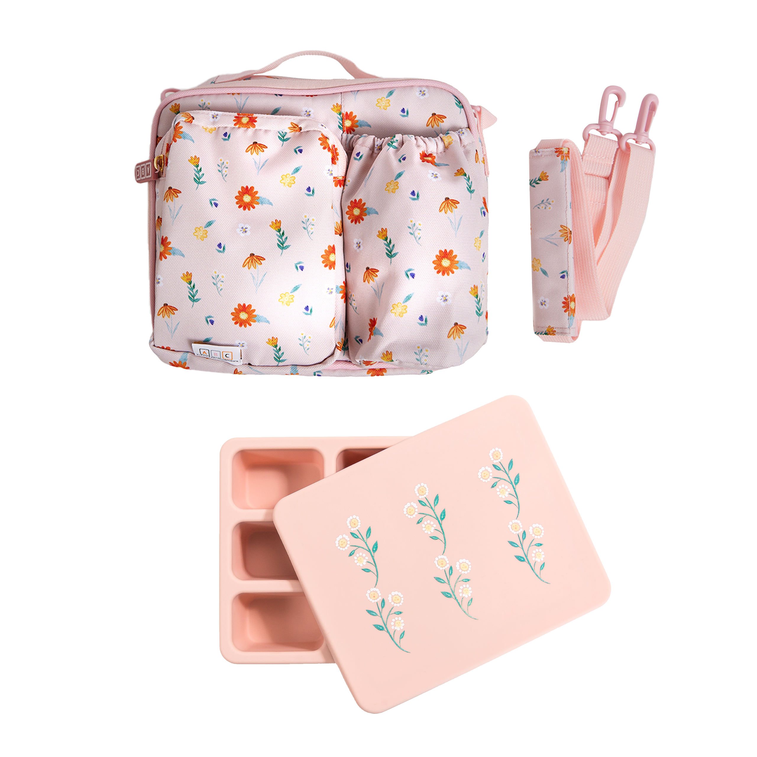 pink lunch bag and pink bento box kids