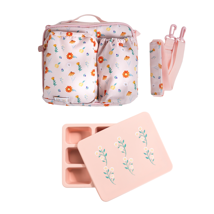 pink lunch bag and pink bento box kids