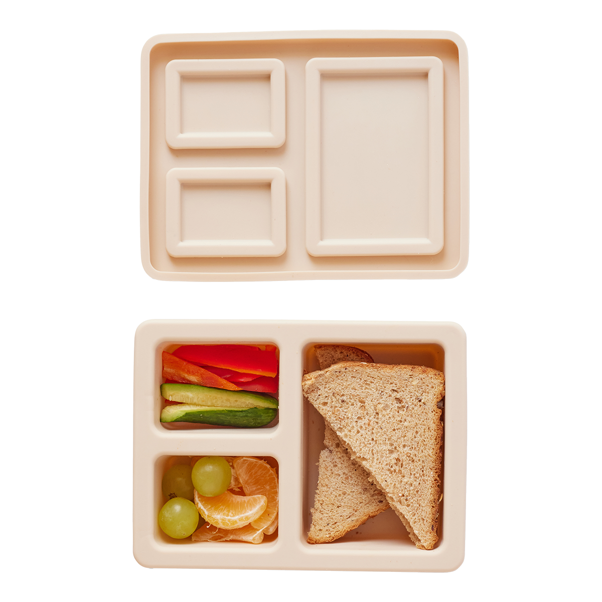 cream lunch bento box with three compartments inside