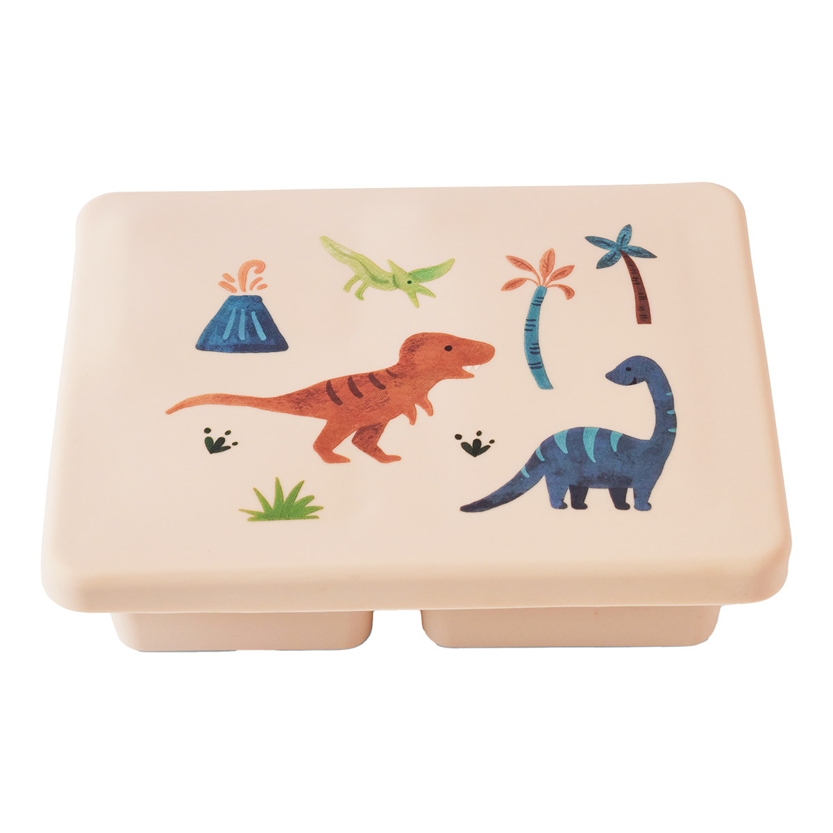 cream lunch bento box with three compartments in dinosaur print