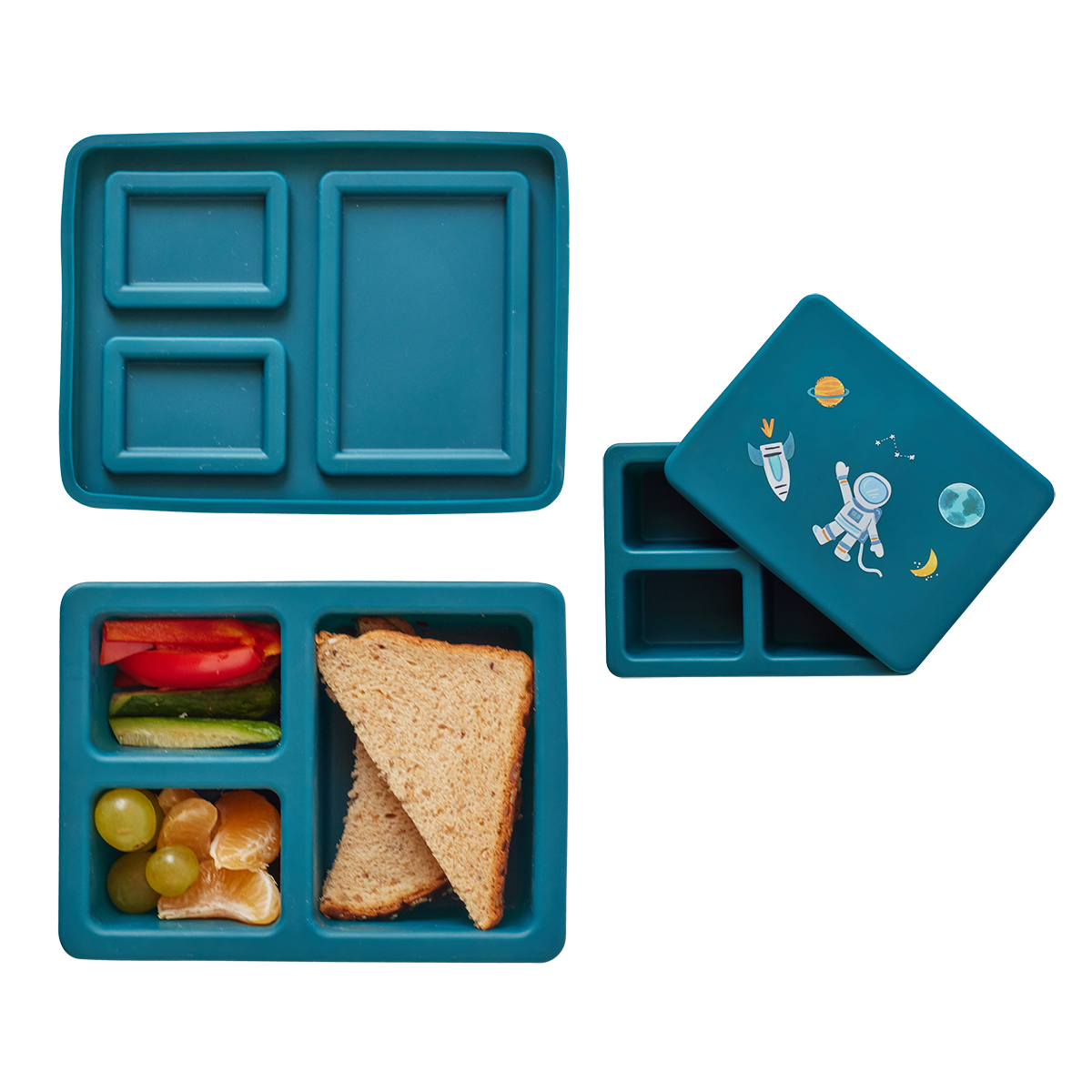 blue lunch bento box with three compartments in space print