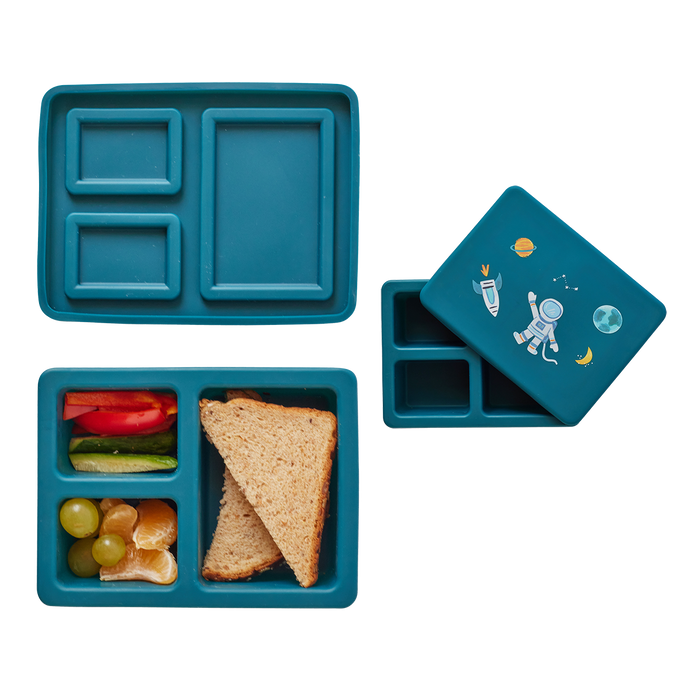 blue lunch bento box with three compartments in space print