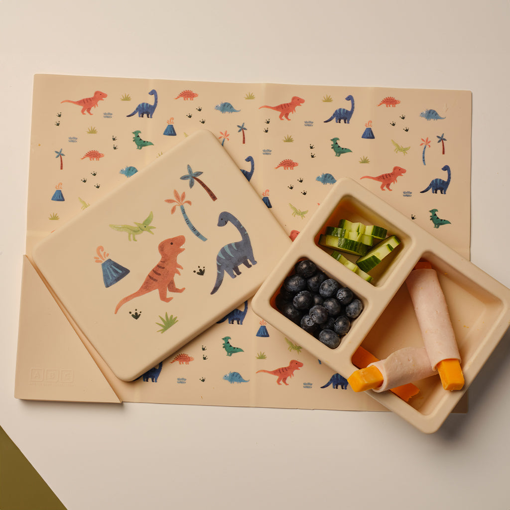 Silicone Mini Bento Box and Foldable Placemat Set Dinosaur Warm Cream