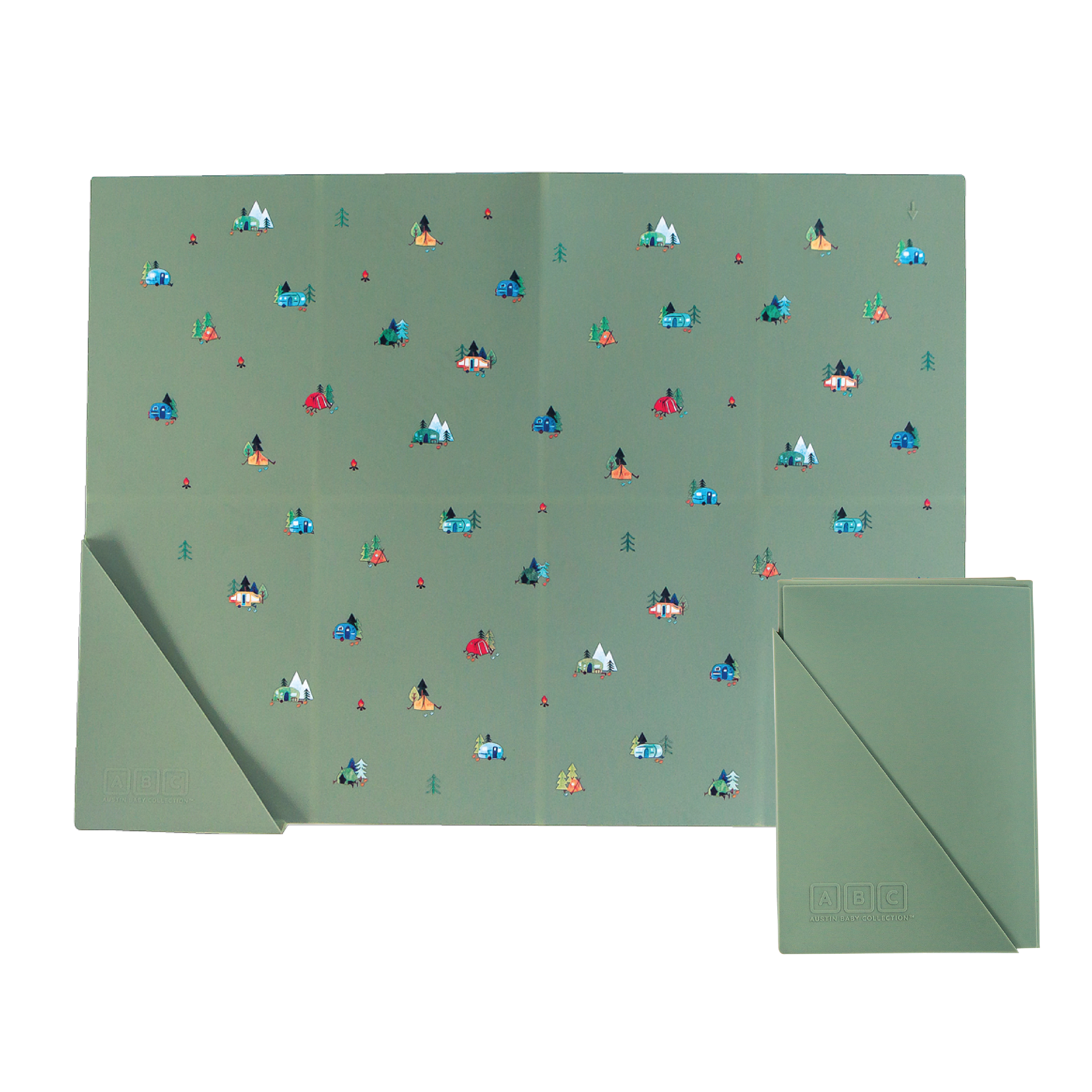green silicone placemat in camping print, shown folded and unfolded