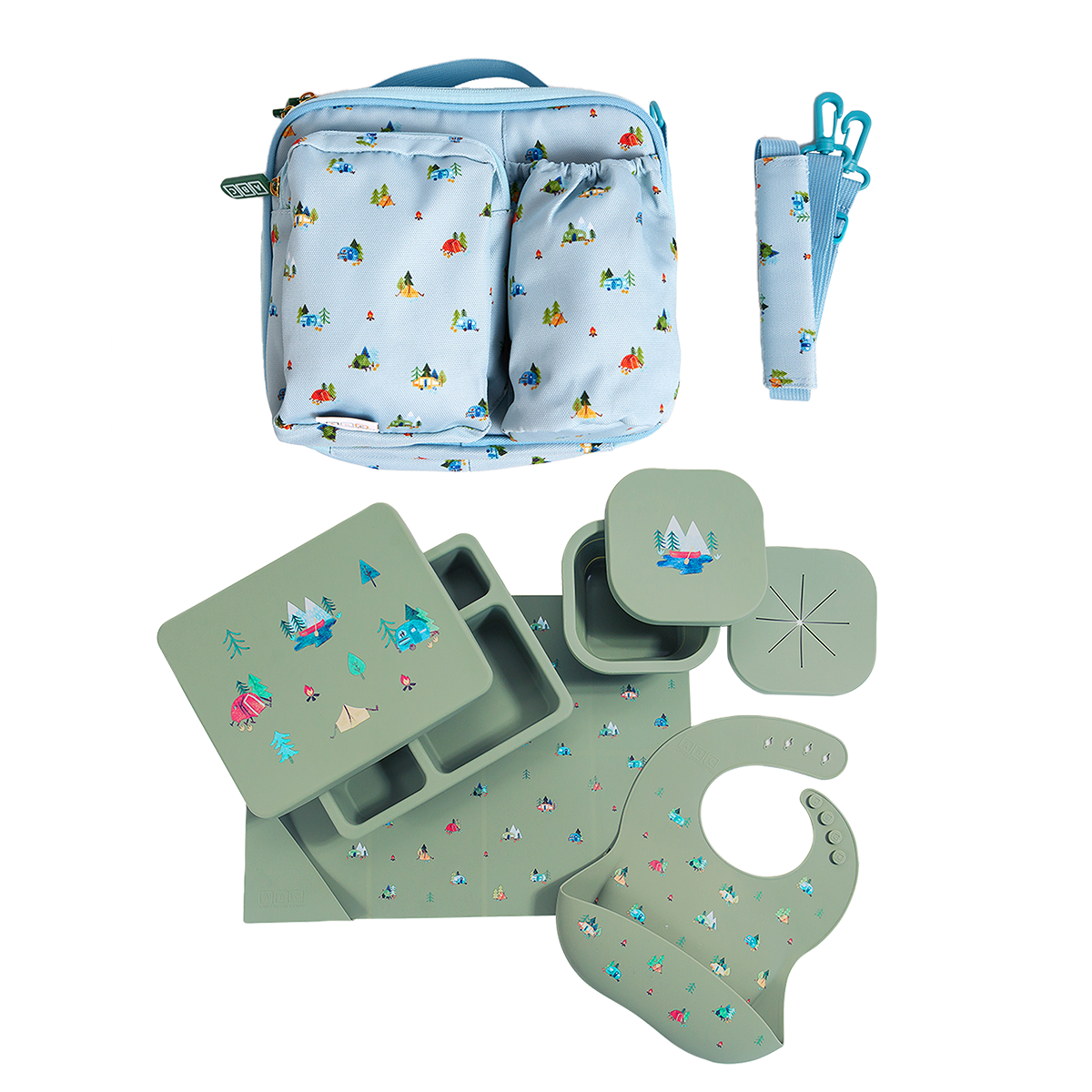 blue lunch bag in camping print with green silicone lunch bento box, placemat, snack bowl, and feeding bib in camping print