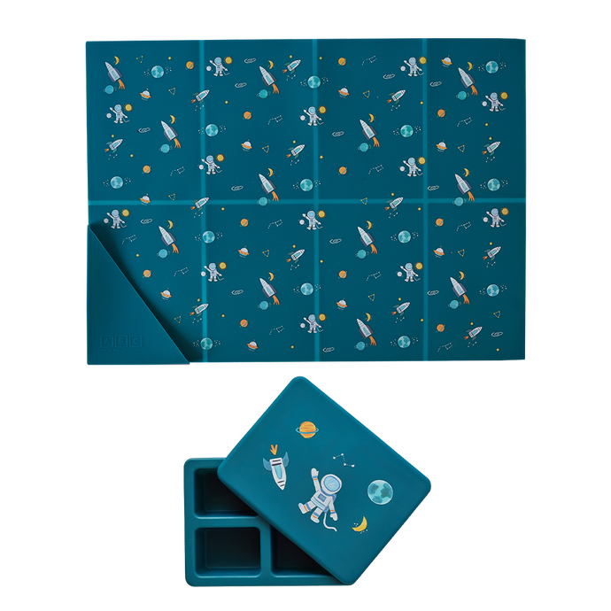 Silicone Mini Bento Box and Foldable Placemat Set Space Galaxy Blue