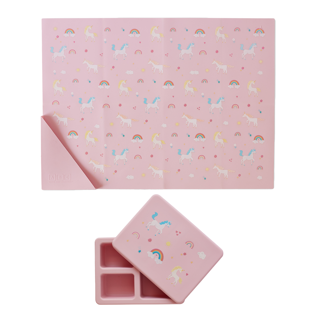 Silicone Mini Bento Box and Foldable Placemat Set Unicorn Bubblegum Pink