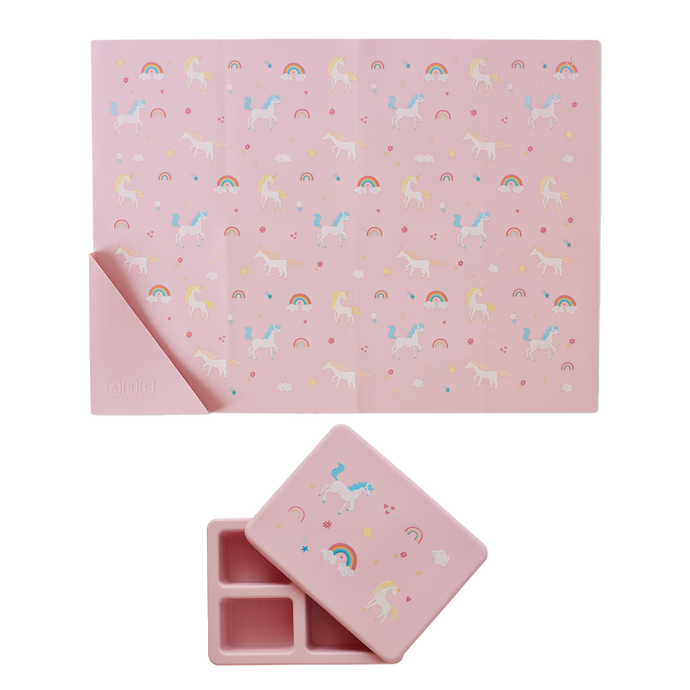 Silicone Mini Bento Box and Foldable Placemat Set Unicorn Bubblegum Pink