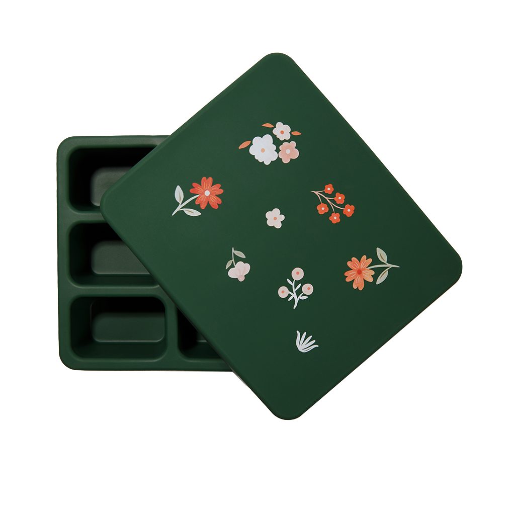 dark green bento lunch box with floral print