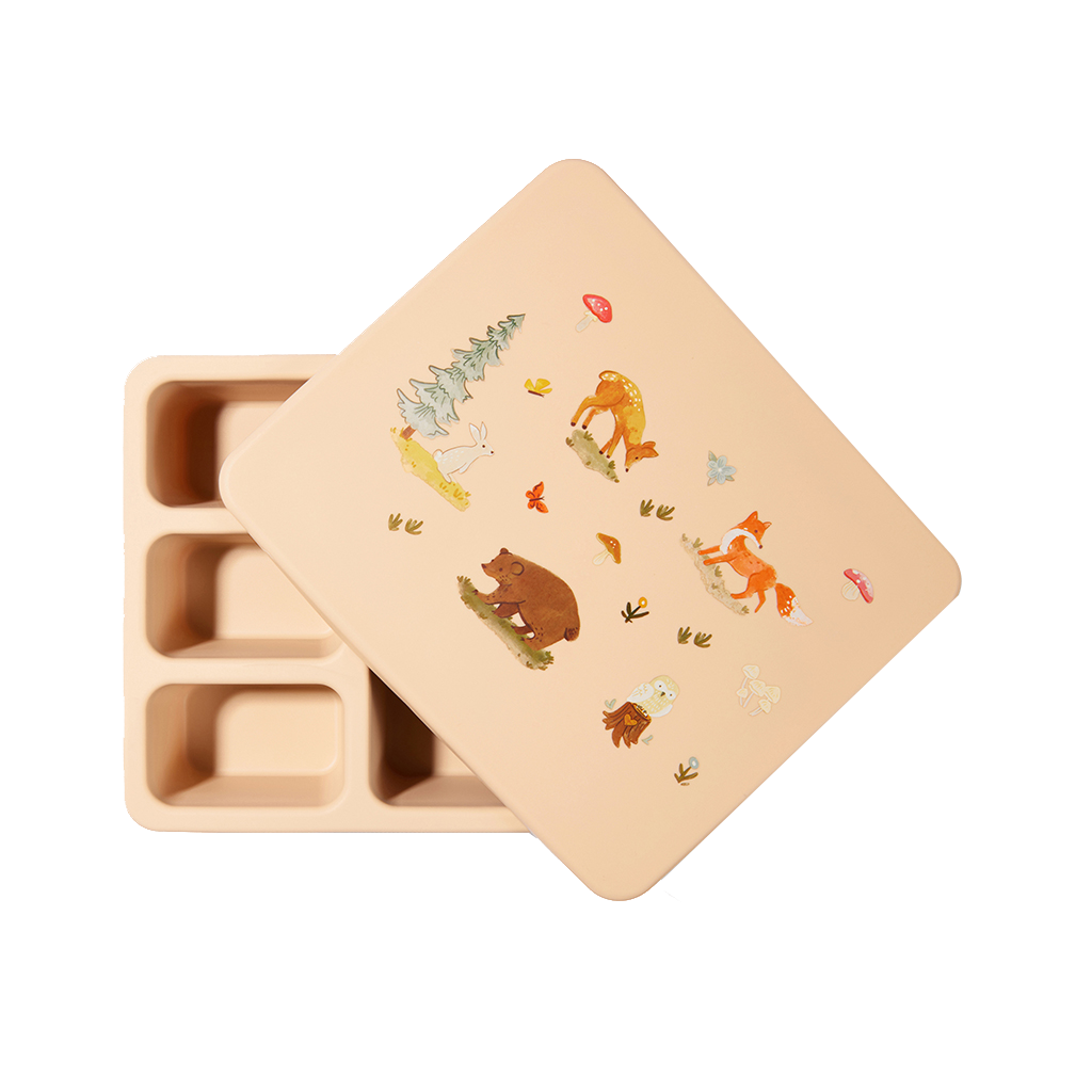 cream bento box with woodland animal print