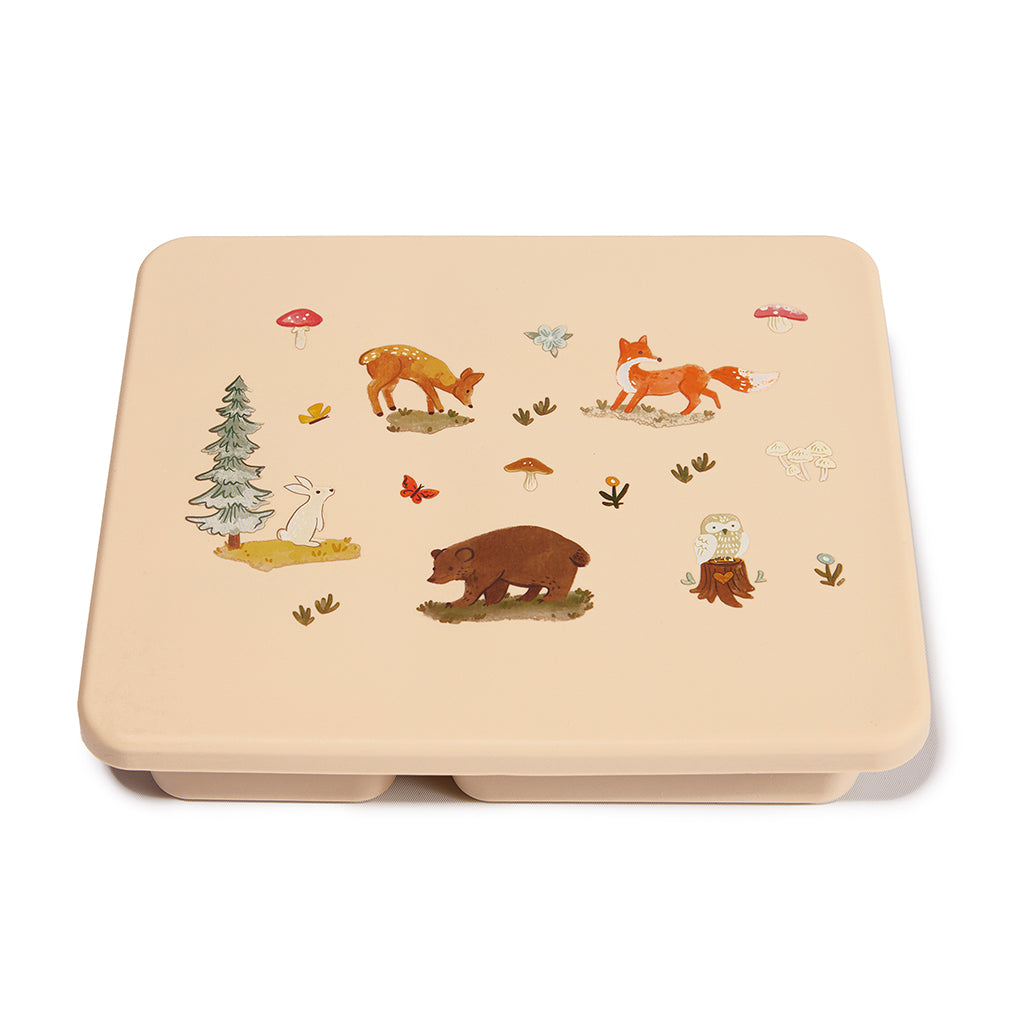 cream bento box with woodland animal print